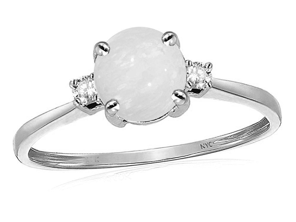 Star K 7mm Round Genuine Opal Classic Three 3 stone Engagement Promise Wedding Ring