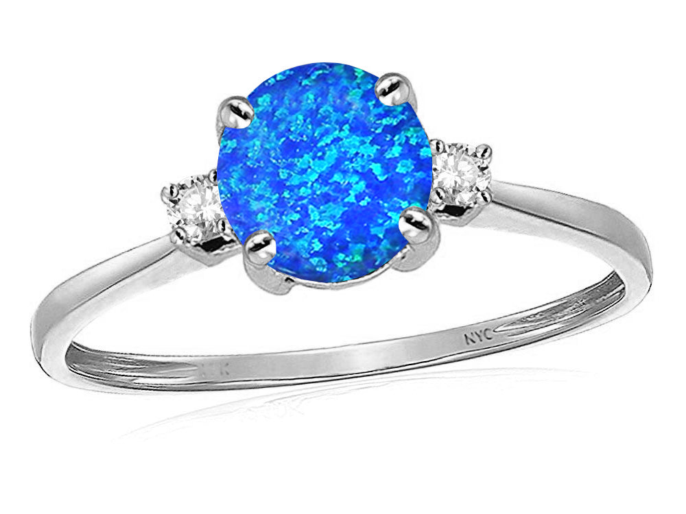 Star K 7mm Round Created Blue Opal Classic Three 3 stone Engagement Promise Wedding Ring