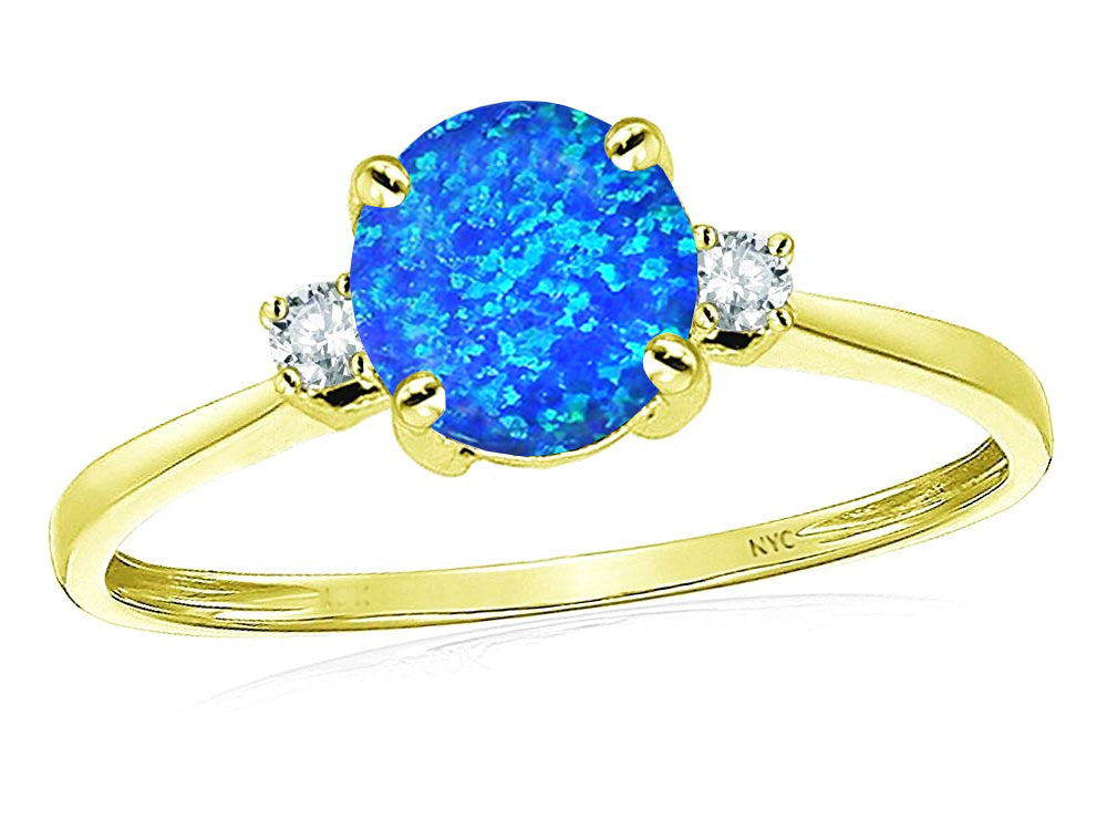 Star K 7mm Round Created Blue Opal Classic Three 3 stone Engagement Promise Wedding Ring