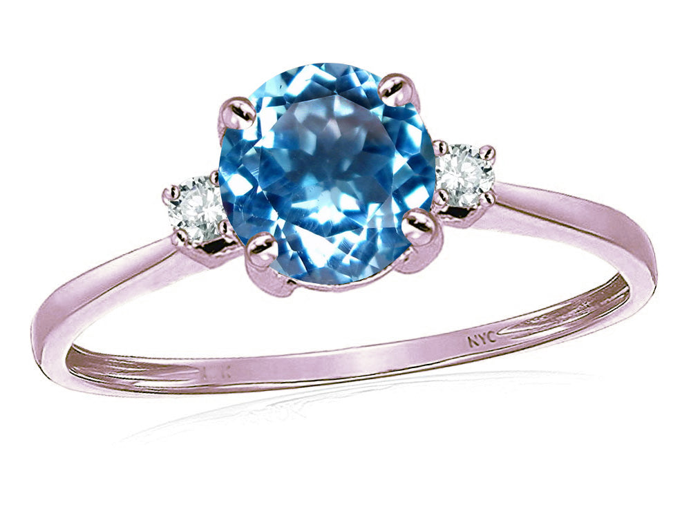 Star K 7mm Round Genuine Blue Topaz Classic Three 3 stone Engagement Promise Wedding Ring