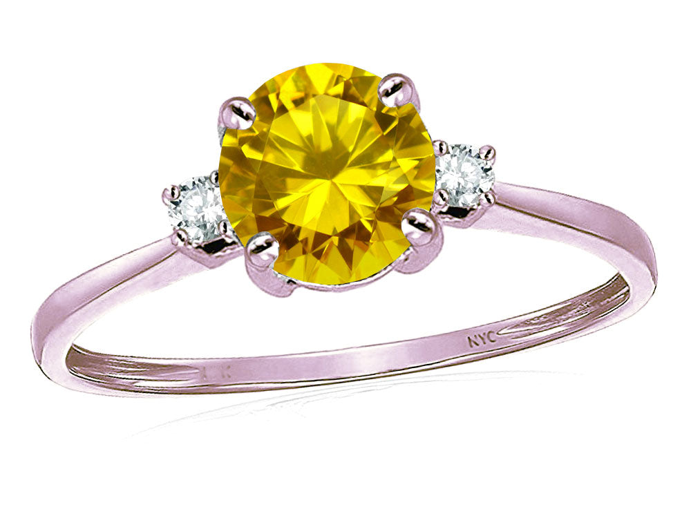 Star K 7mm Round Genuine Citrine Classic Three 3 stone Engagement Promise Wedding Ring