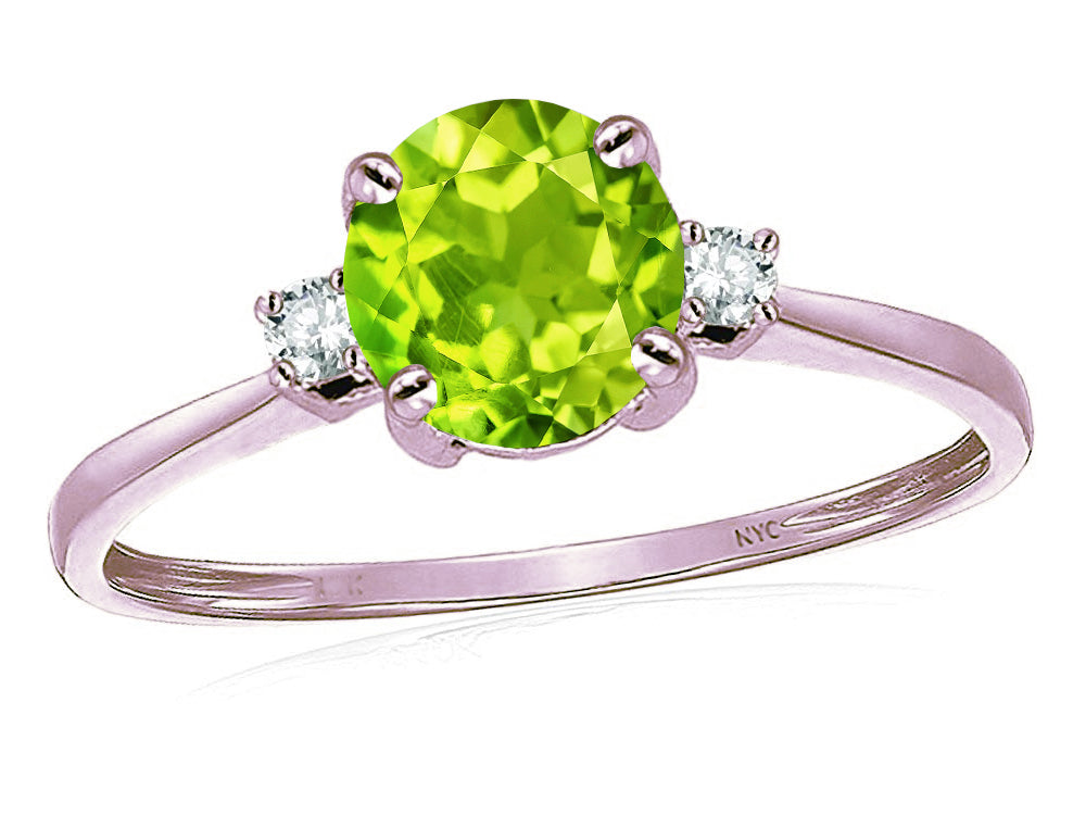 Star K 7mm Round Genuine Peridot Classic Three 3 stone Engagement Promise Wedding Ring