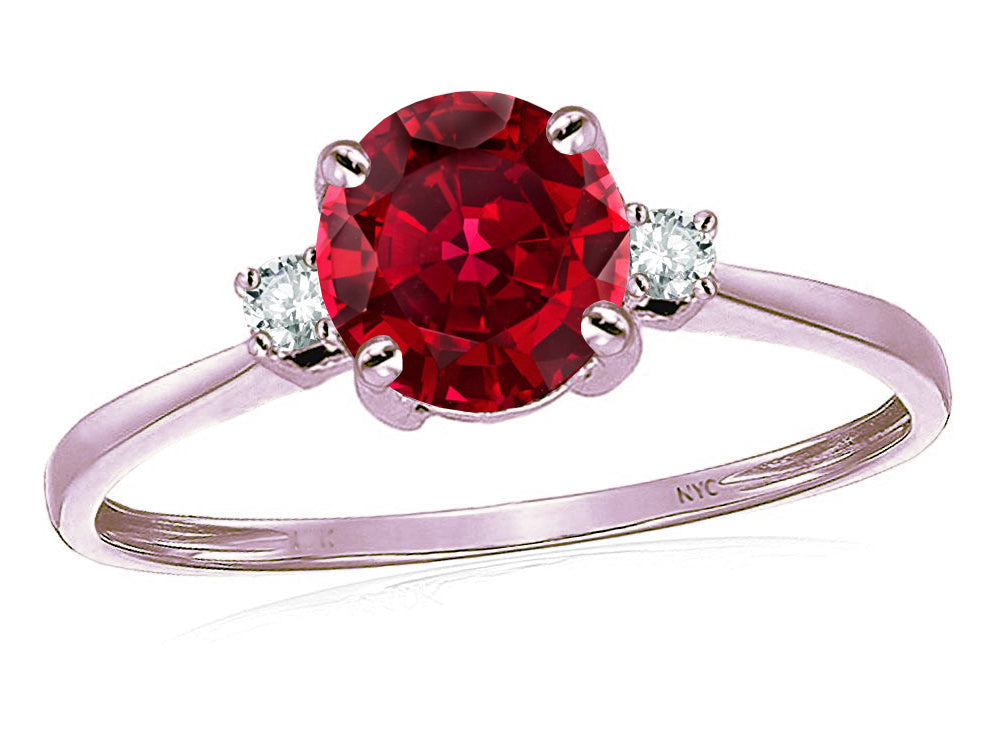 Star K 7mm Round Created Ruby Classic Three 3 stone Engagement Promise Wedding Ring