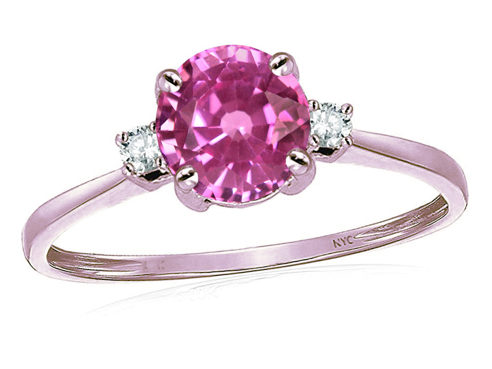 Star K 7mm Round Created Pink Sapphire Classic Three 3 stone Engagement Promise Wedding Ring