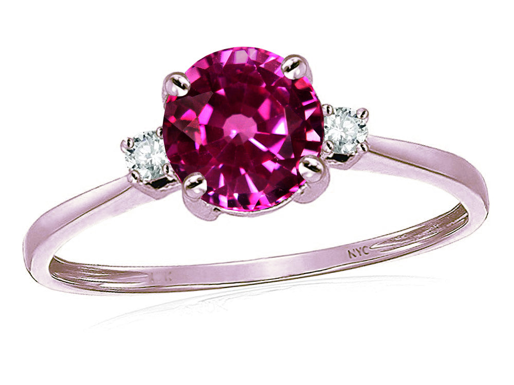 Star K 7mm Round Simulated Pink Tourmaline Classic Three 3 stone Engagement Promise Wedding Ring