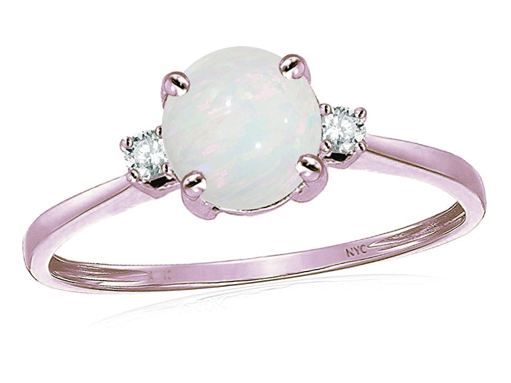 Star K 7mm Round Genuine Opal Classic Three 3 stone Engagement Promise Wedding Ring