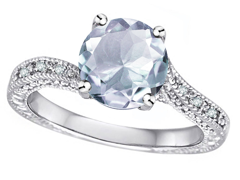 Star K Antique Vintage Style Round 7mm Genuine Aquamarine Solitaire Engagement Promise Ring