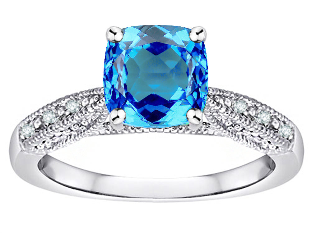 Star K Cushion-Cut 7mm Genuine Blue Topaz Antique Vintage Style Solitaire Engagement Promise Ring
