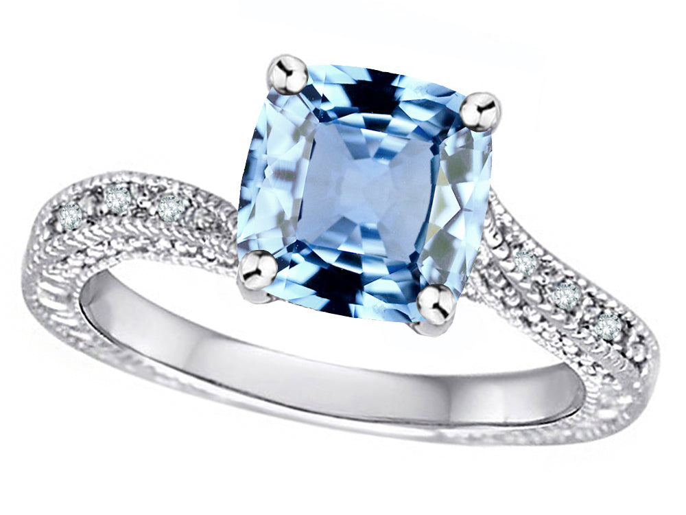 Star K Antique Vintage Style Cushion-Cut 7mm Simulated Aquamarine Solitaire Engagement Promise Ring