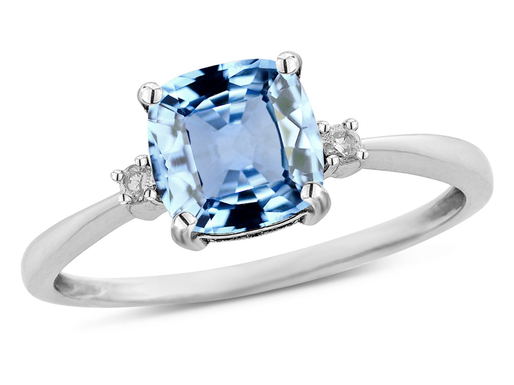 Star K 7mm Cushion-Cut Simulated Aquamarine Classic three 3 stone Engagement Promise Ring