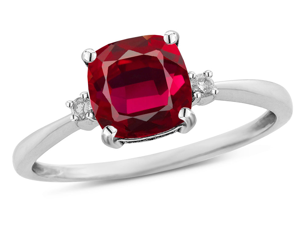 Star K 7mm Cushion-Cut Created Ruby Classic three 3 stone Engagement Promise Ring