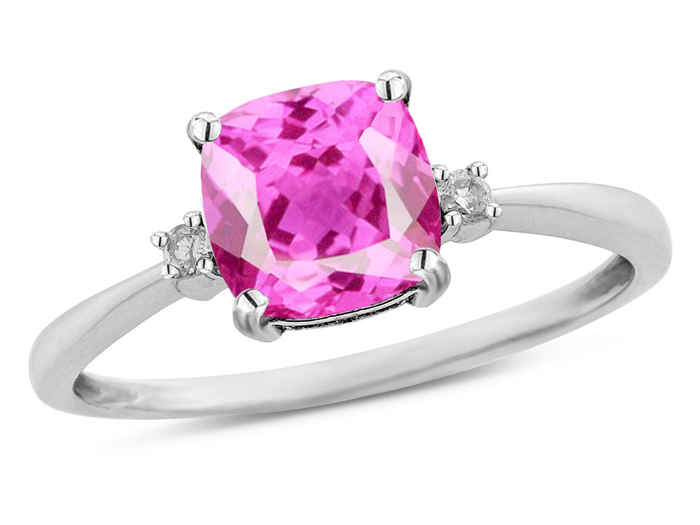 Star K 7mm Cushion-Cut Created Pink Sapphire Classic three 3 stone Engagement Promise Ring