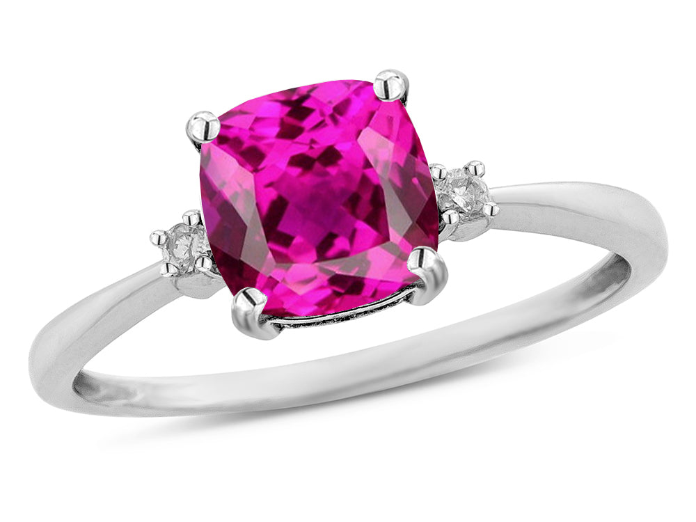 Star K 7mm Cushion-Cut Simulated Pink Tourmaline Classic three 3 stone Engagement Promise Ring