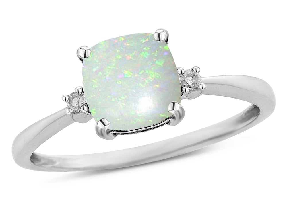 Star K 7mm Cushion-Cut Genuine Opal Classic three 3 stone Engagement Promise Ring