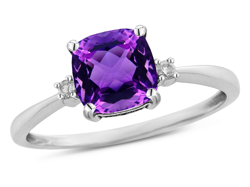 Star K 7mm Cushion-Cut Genuine Amethyst Classic three 3 stone Engagement Promise Ring