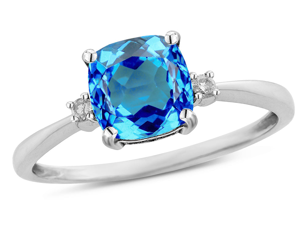 Star K 7mm Cushion-Cut Genuine Blue Topaz Classic three 3 stone Engagement Promise Ring