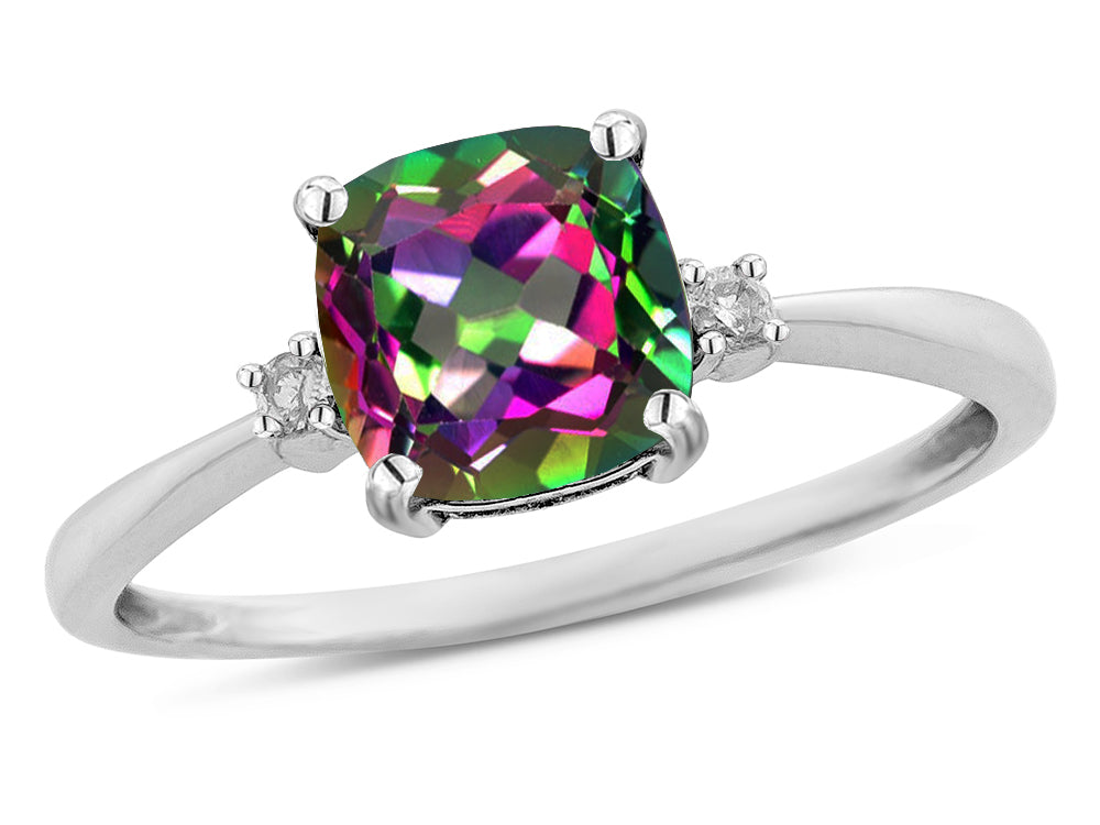 Star K 7mm Cushion-Cut Rainbow Mystic Topaz Classic three 3 stone Engagement Promise Ring