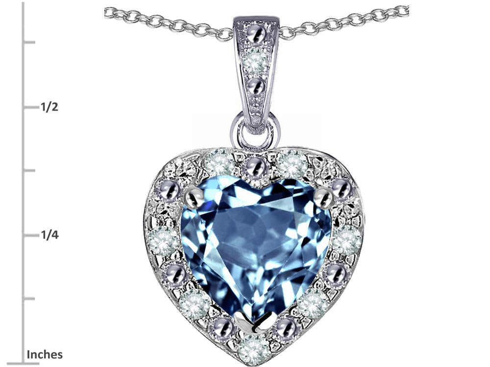 Star K 10k White Gold Heart Shape Simulated Aquamarine Halo Pendant Necklace