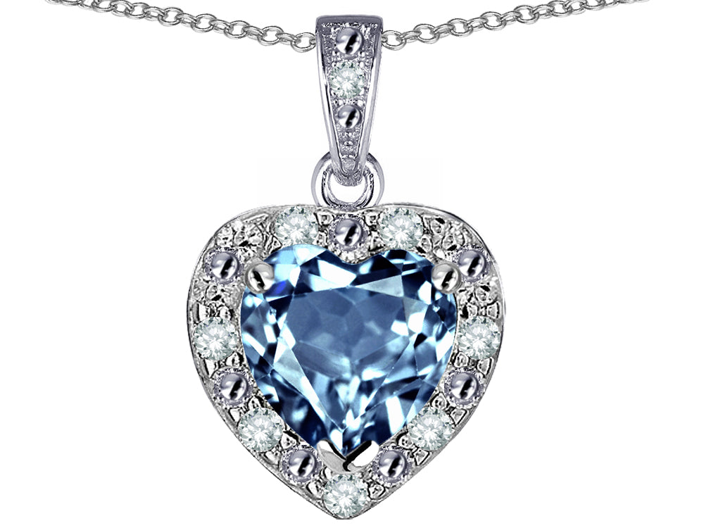 Star K 10k White Gold Heart Shape Simulated Aquamarine Halo Pendant Necklace