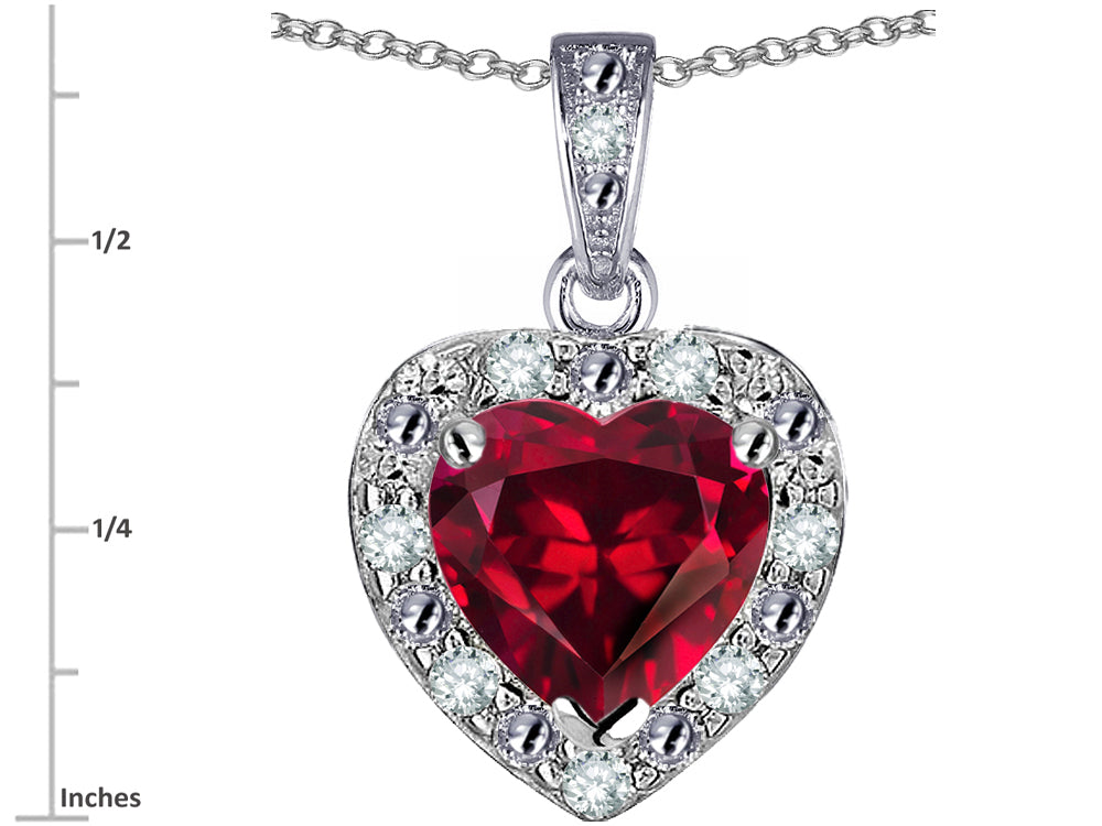 Star K 10k White Gold Heart Shape Created Ruby Halo Pendant Necklace