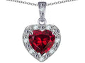 Star K 10k White Gold Heart Shape Created Ruby Halo Pendant Necklace