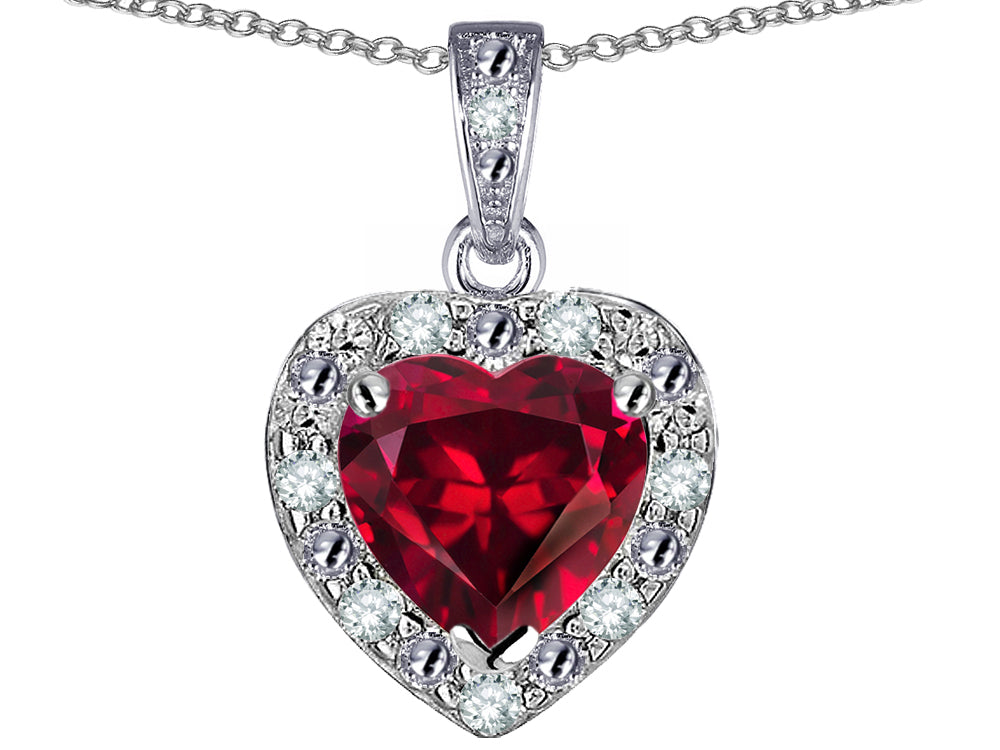Star K 10k White Gold Heart Shape Created Ruby Halo Pendant Necklace