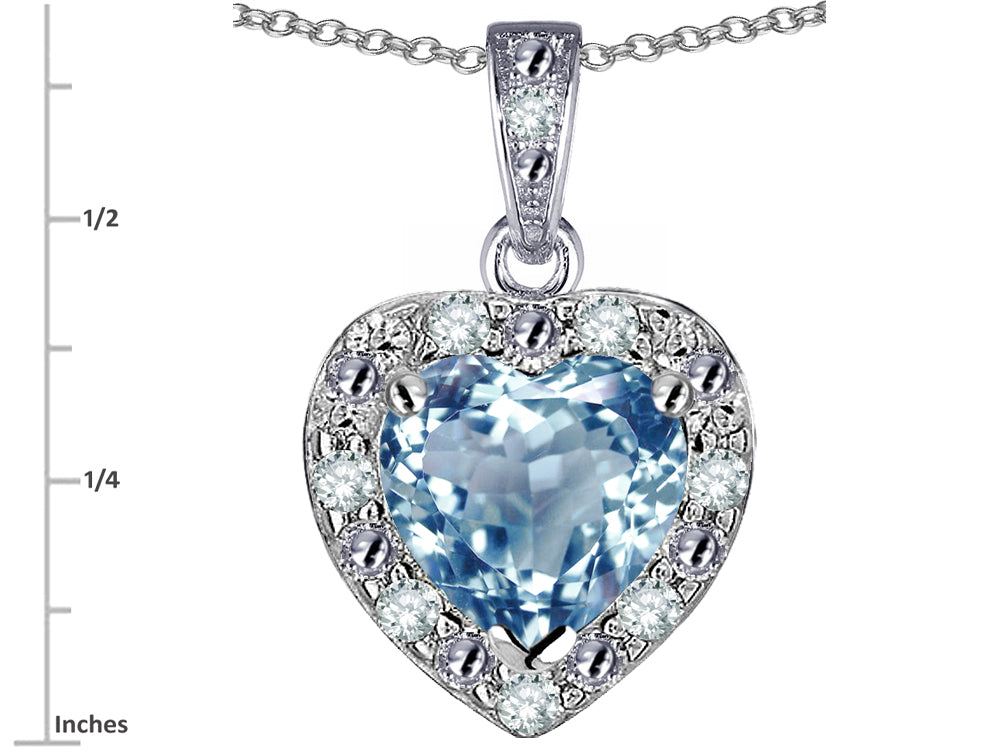 Star K 10k White Gold Heart Shape Genuine Sky Blue Topaz Halo Pendant Necklace