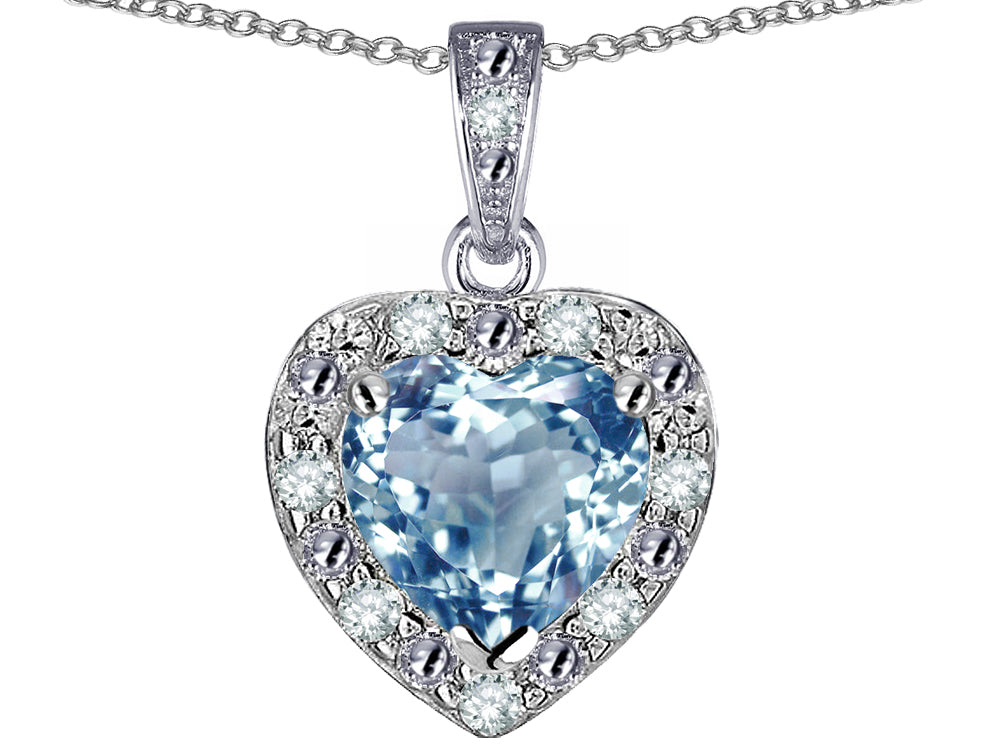 Star K 10k White Gold Heart Shape Genuine Sky Blue Topaz Halo Pendant Necklace