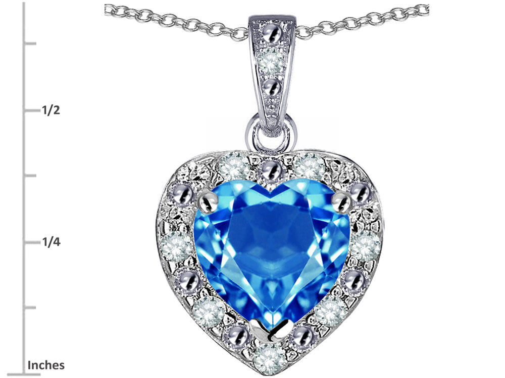 Star K 10k White Gold Heart Shape Genuine Blue Topaz Halo Pendant Necklace