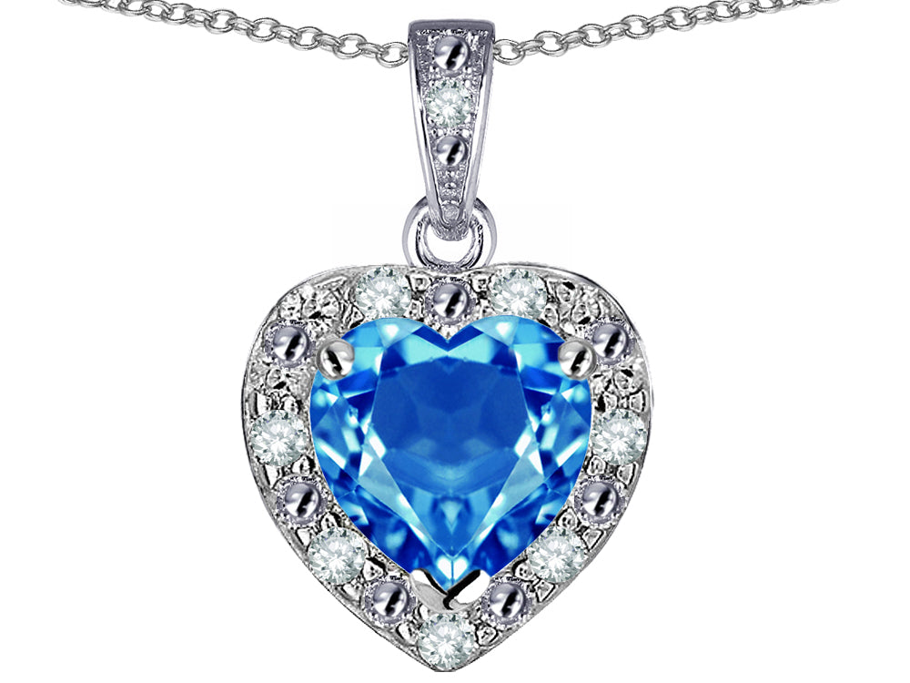 Star K 10k White Gold Heart Shape Genuine Blue Topaz Halo Pendant Necklace