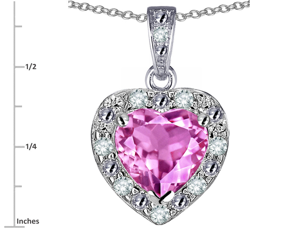 Star K 10k White Gold Heart Shape Created Pink Sapphire Halo Pendant Necklace