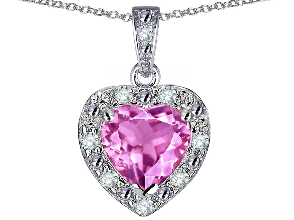 Star K 10k White Gold Heart Shape Created Pink Sapphire Halo Pendant Necklace
