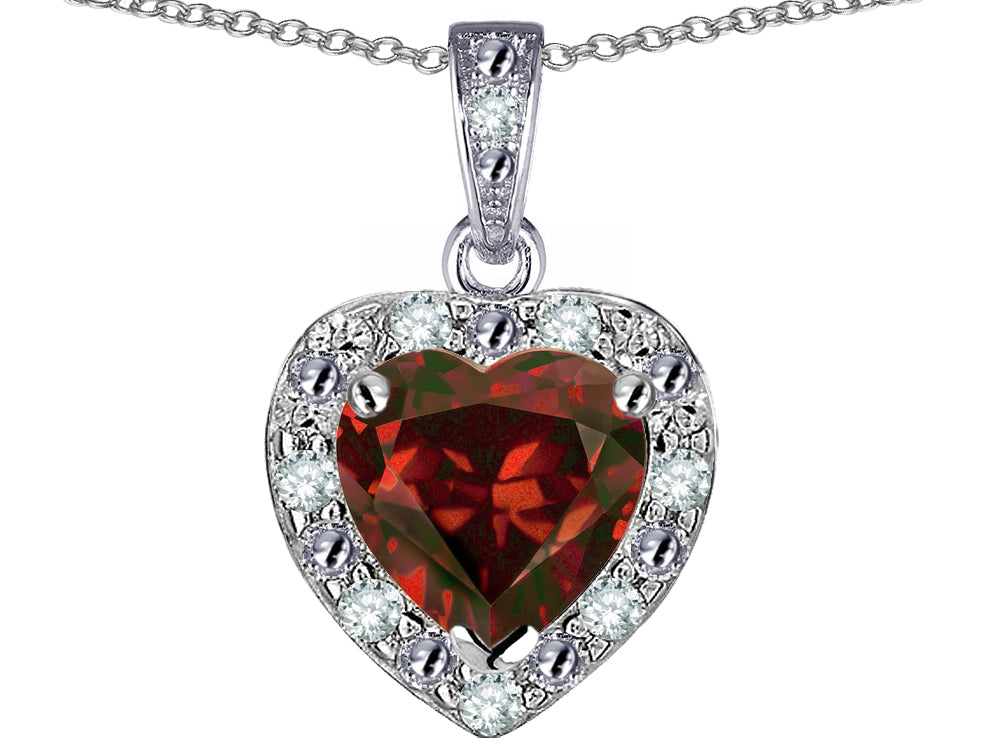 Star K 10k White Gold Heart Shape Genuine Garnet Halo Pendant Necklace