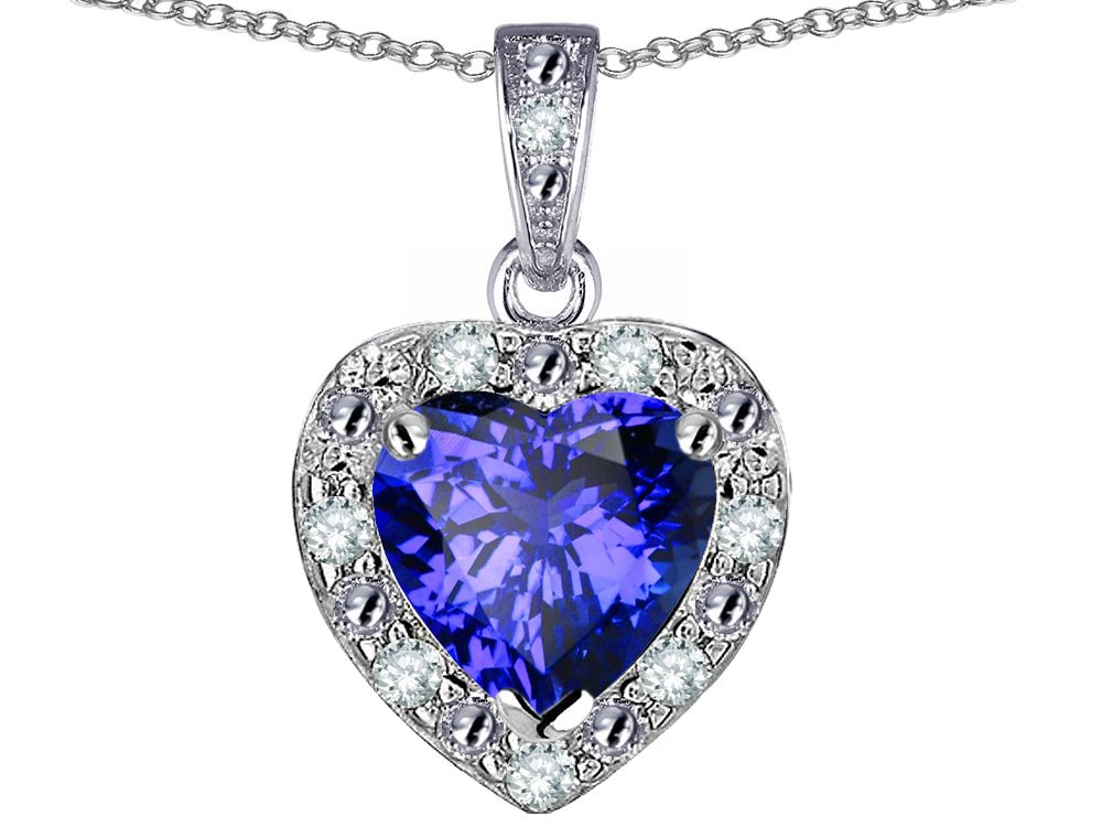 Star K 10k White Gold Heart Shape Simulated Tanzanite Halo Pendant Necklace