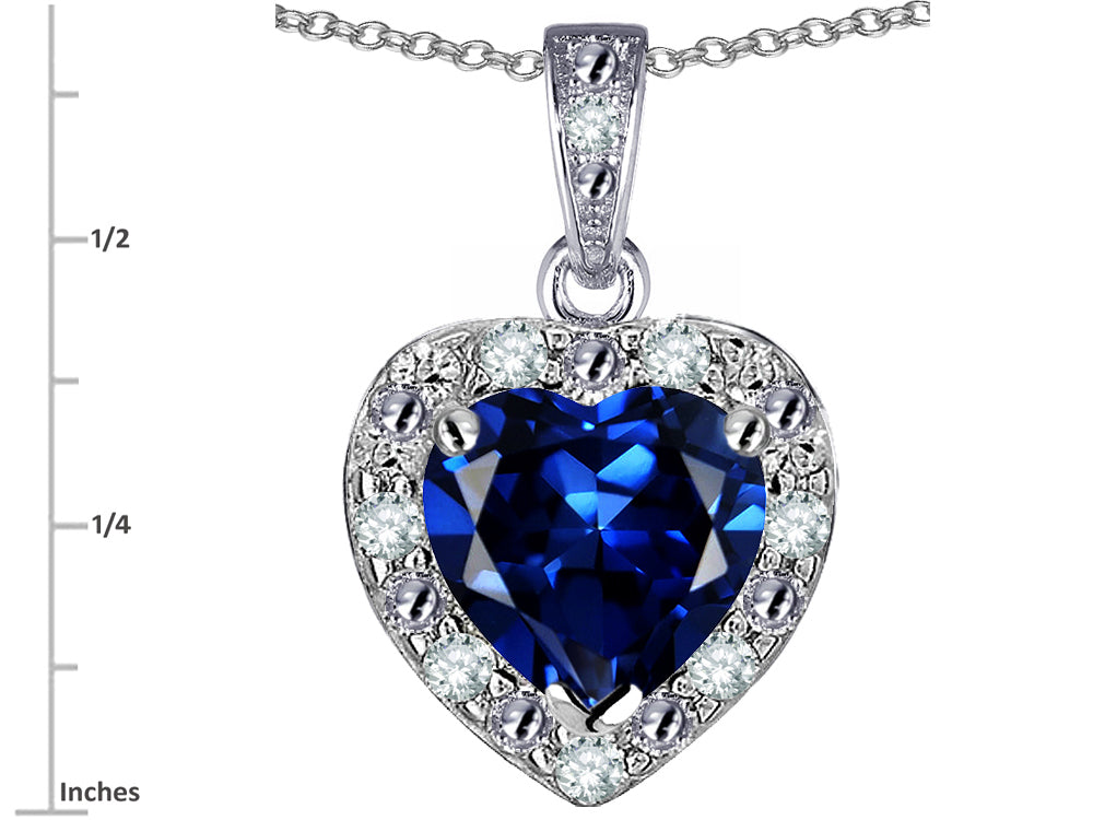 Star K 10k White Gold Heart Shape Created Sapphire Halo Pendant Necklace