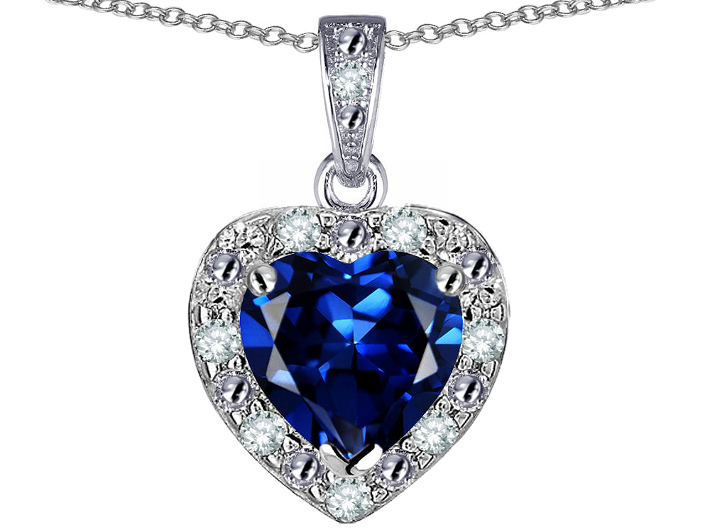 Star K 10k White Gold Heart Shape Created Sapphire Halo Pendant Necklace