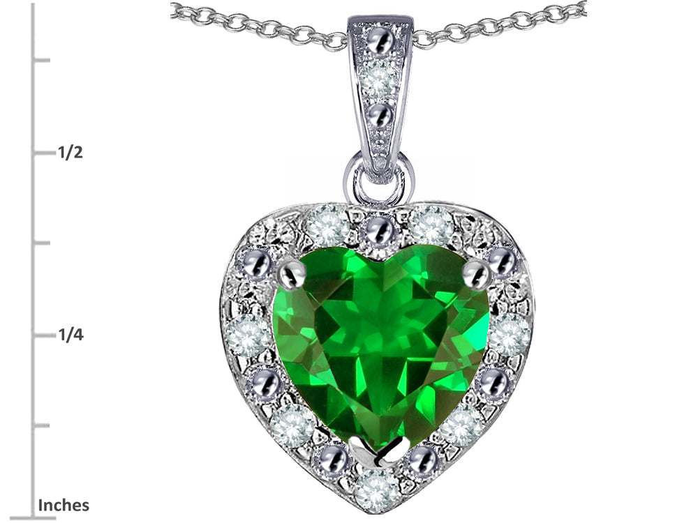 Star K 10k White Gold Heart Shape Simulated Emerald Halo Pendant Necklace