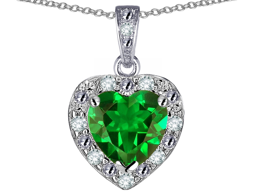 Star K 10k White Gold Heart Shape Simulated Emerald Halo Pendant Necklace