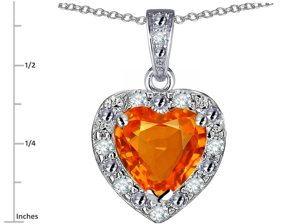 Star K 10k White Gold Heart Shape Simulated Mexican Fire Opal Halo Pendant Necklace