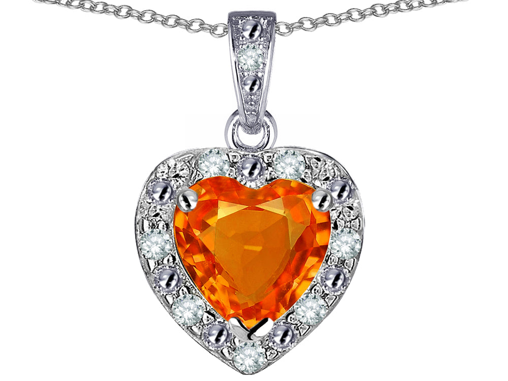 Star K 10k White Gold Heart Shape Simulated Mexican Fire Opal Halo Pendant Necklace