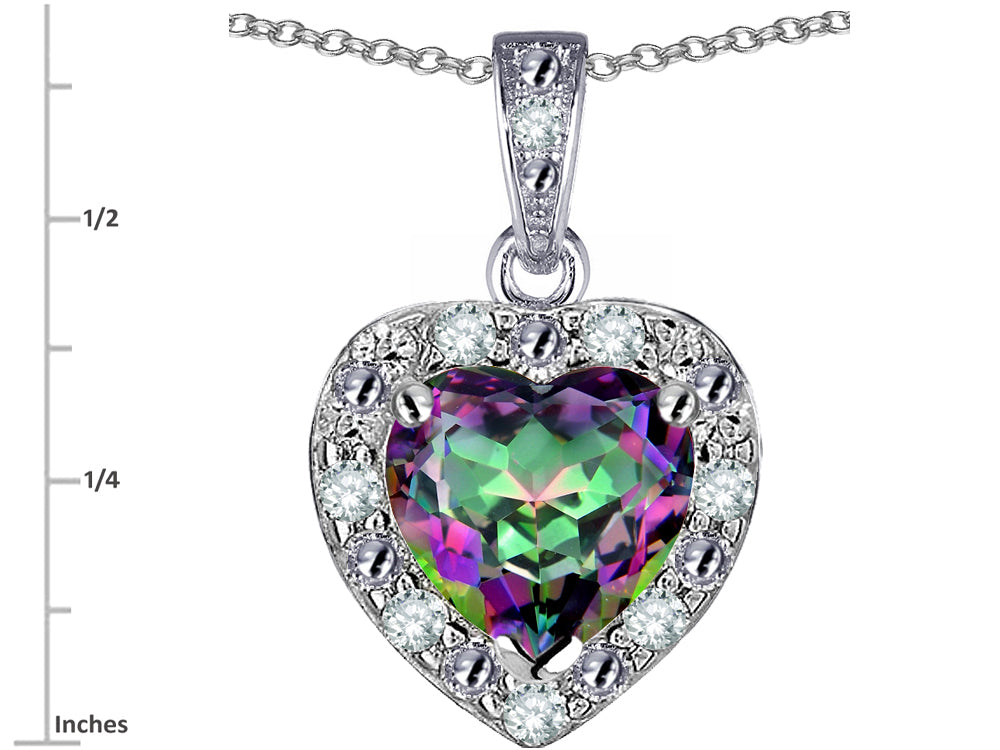 Star K 10k White Gold Heart Shape Rainbow Mystic Topaz Halo Pendant Necklace