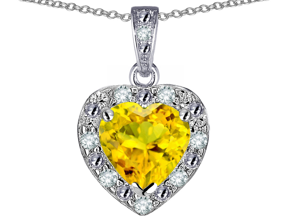 Star K 10k White Gold Heart Shape Genuine Citrine Halo Pendant Necklace