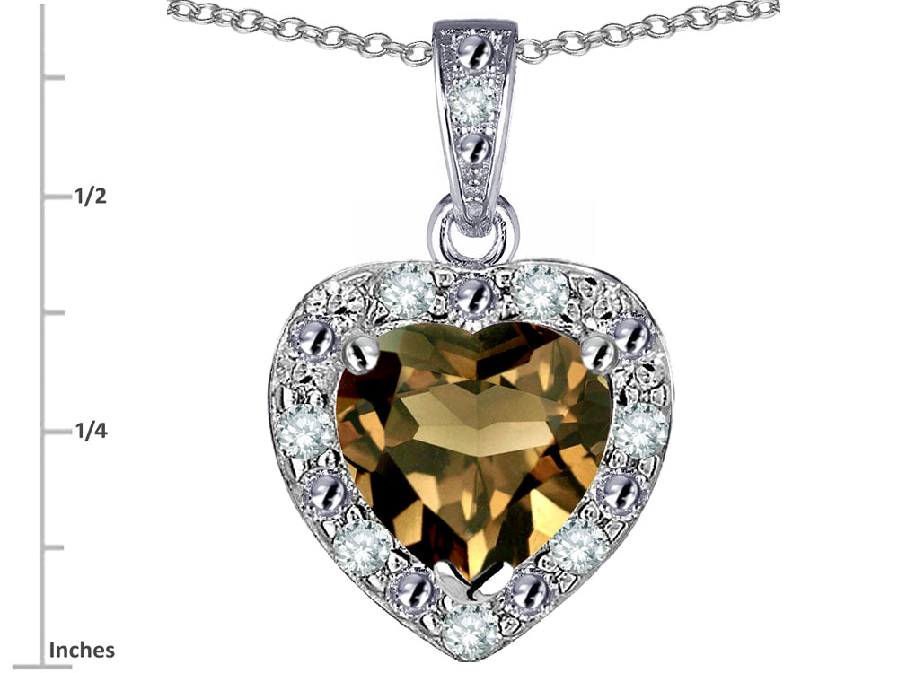 Star K 10k White Gold Heart Shape Genuine Smoky Quartz Halo Pendant Necklace