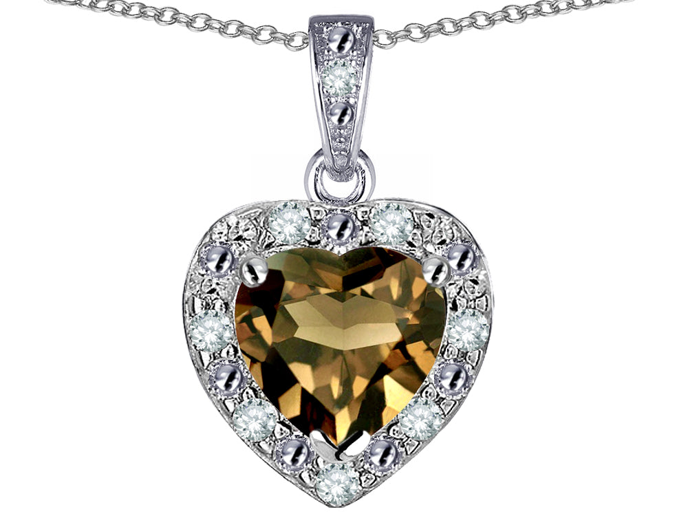 Star K 10k White Gold Heart Shape Genuine Smoky Quartz Halo Pendant Necklace