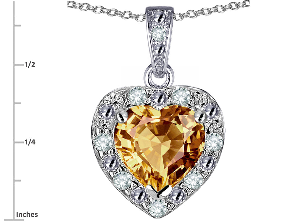 Star K 10k White Gold Heart Shape Simulated Imperial Yellow Topaz Halo Pendant Necklace