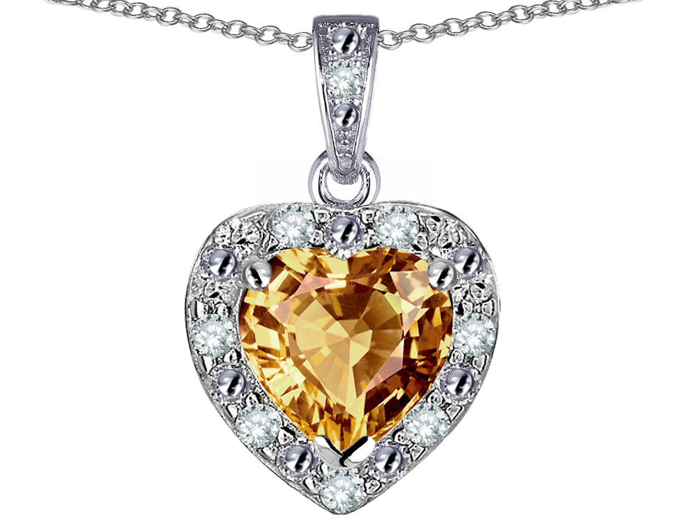 Star K 10k White Gold Heart Shape Simulated Imperial Yellow Topaz Halo Pendant Necklace