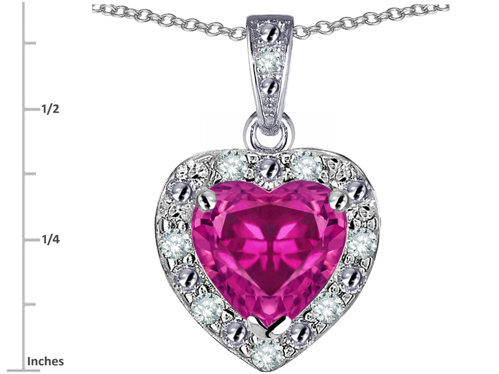 Star K 10k White Gold Heart Shape Simulated Pink Tourmaline Halo Pendant Necklace