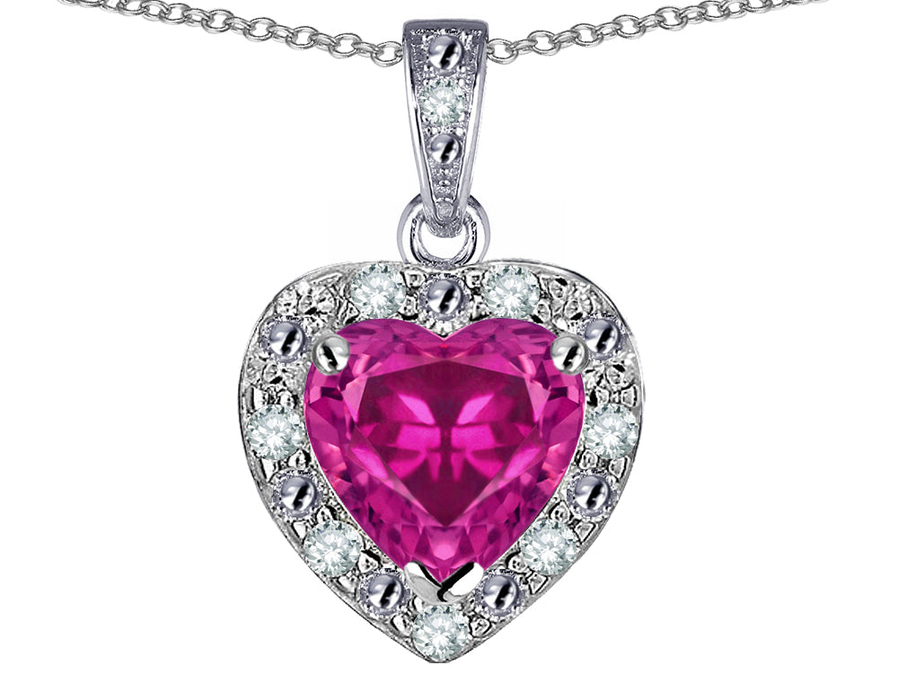 Star K 10k White Gold Heart Shape Simulated Pink Tourmaline Halo Pendant Necklace