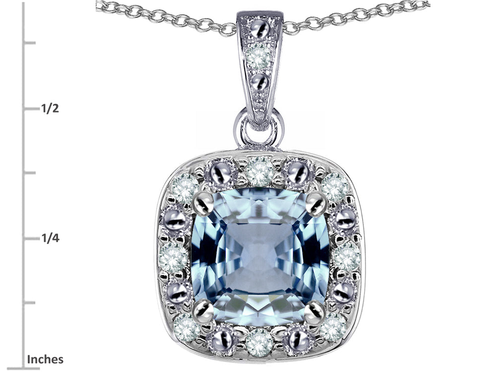 Star K 10k White Gold Cushion-Cut Simulated Aquamarine Halo Pendant Necklace