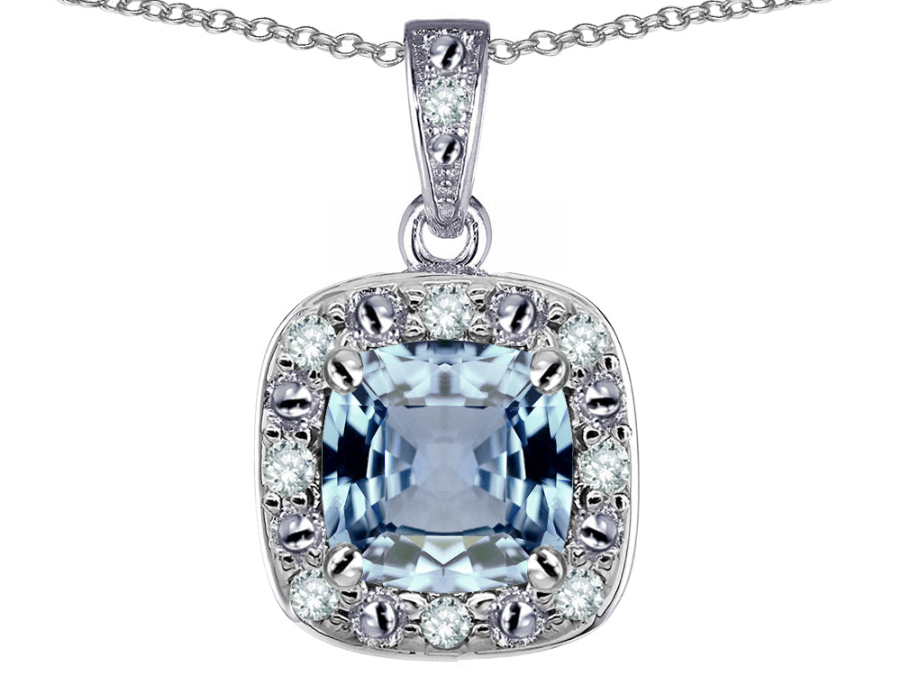 Star K 10k White Gold Cushion-Cut Simulated Aquamarine Halo Pendant Necklace
